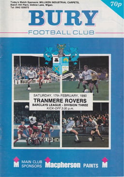 Bury v Tranmere Rovers Match Programme 1990-02-17